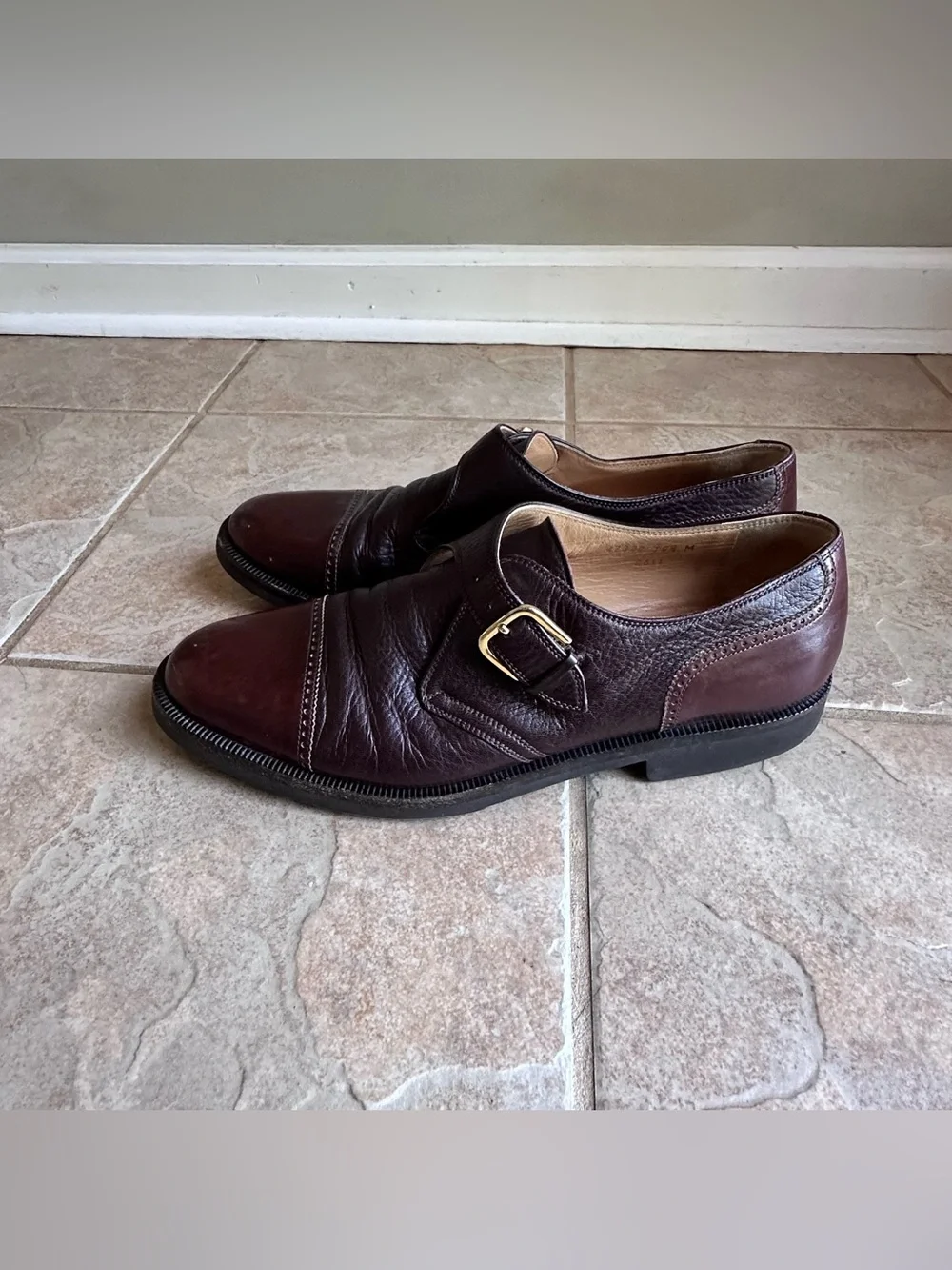 Bruno Magli Cali Monk Strap Shoes Brown Leather Cap Toe Vibram Gumlite sole